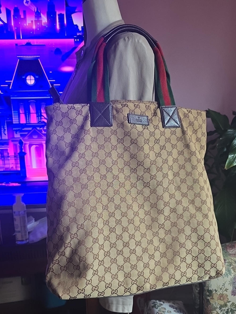 Gucci Beige GG Canvas Tote with Green-Red Web Handles